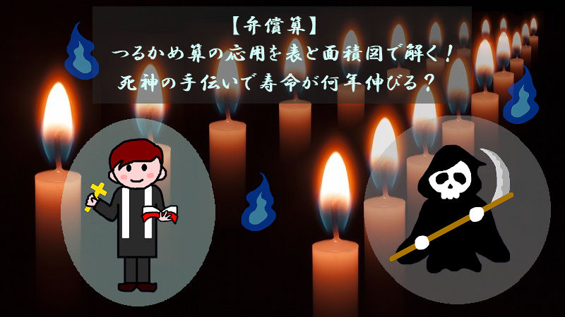 【弁償算】つるかめ算の応用を表と面積図で解く！死神の手伝いで寿命が何年伸びる？